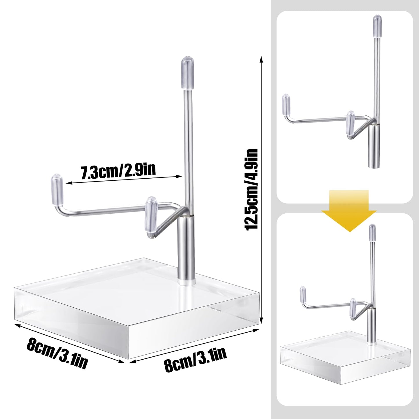 Suzile 4 Pcs Adjustable Metal Arm Display Stand Easel with Acrylic Base Rock Display Easel Holder Acrylic Crystal Clear Plate Stand for Geodes Mineral Agate (Silver, 3.2 x 3.2 x 4.9 Inch)