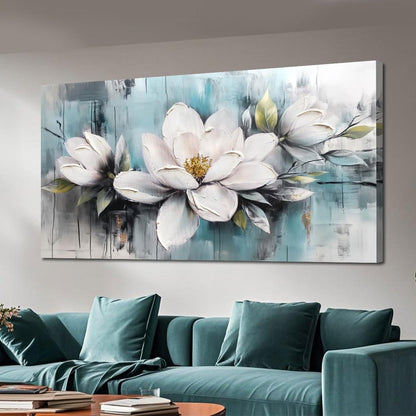 Ardemy Magnolia Wall Art for Living Room, Teal Large White Floral Canvas Wall Art Bedroom Painting Textured Picture Wall Decor Flower Artwork for Wall Decor Home Office Dining Room 40"x20"