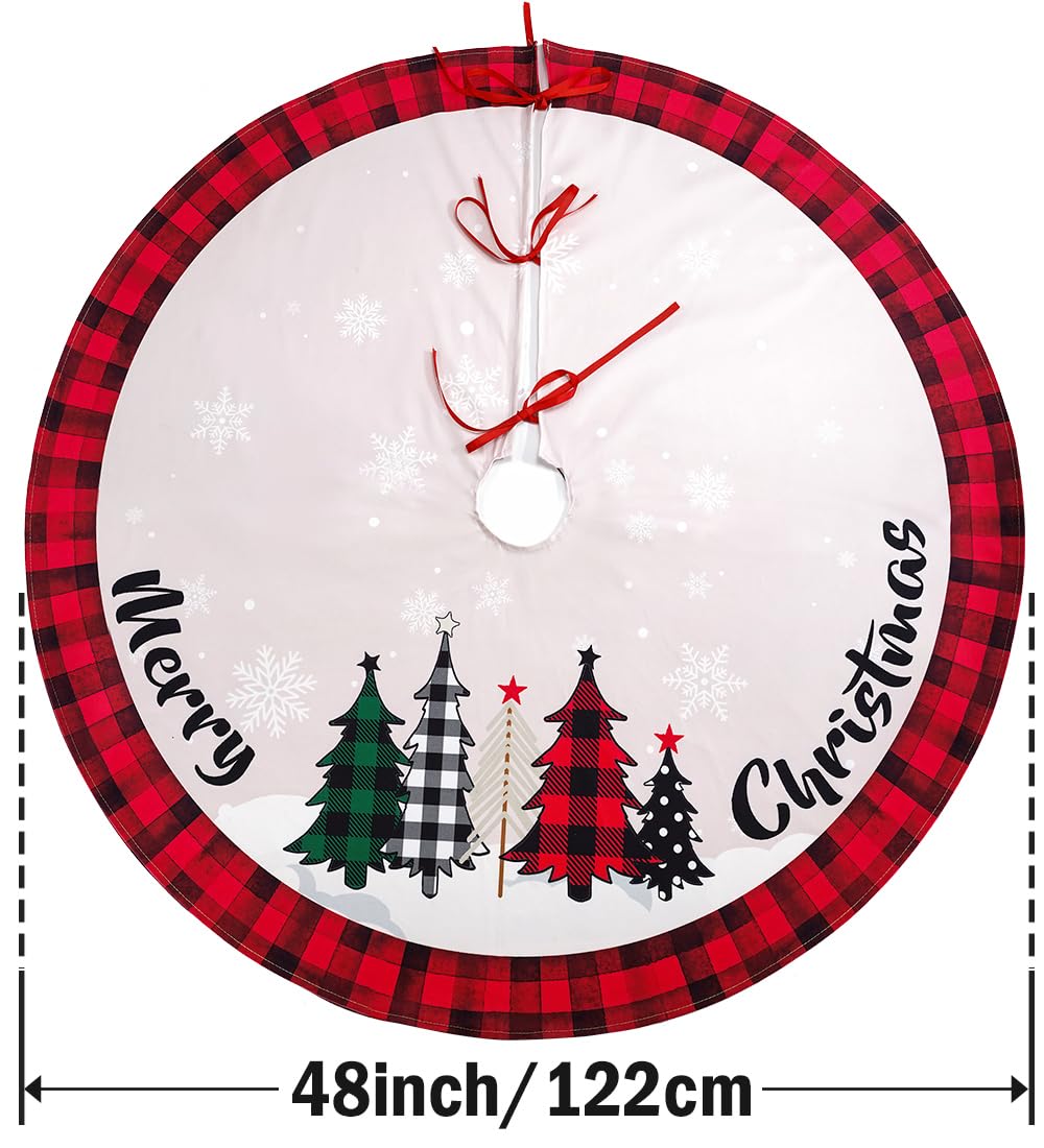 Multiwins Christmas Tree Skirt 48 Inch Red Rustic Xmas Tree Skirt with Snowflake, Black Red Buffalo Plaid Christmas Tree Skirt Ornaments for Merry Christmas Holiday Party Decorations Indoor Outdoor