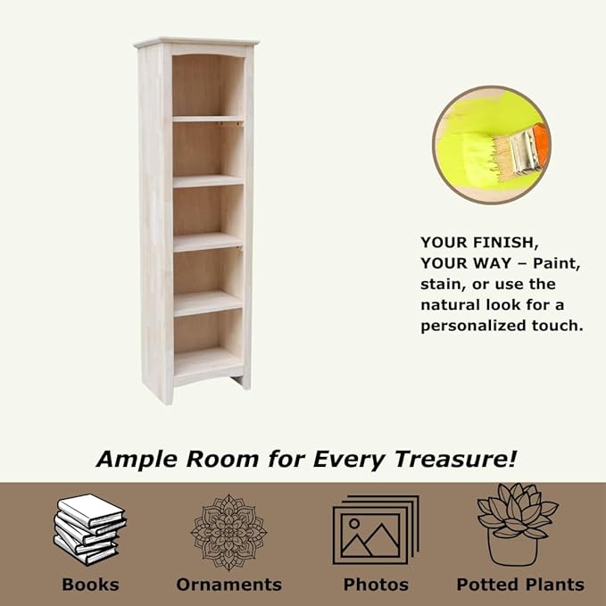 International Concepts Narrow Shaker Bookcase, 60-Inch High, Small Space