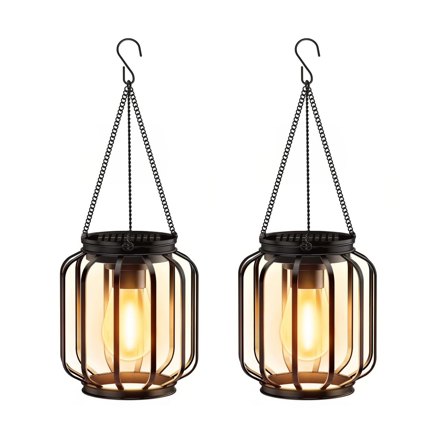 Solar Hanging Lanterns Outdoor: 2 Pack Metal Solar Hanging Lights with Hook, Bright - Warm Waterproof LED Lanterns for Outside, Classic Decorative Solar-Powered Light for Yard Garden Patio Porch Decor