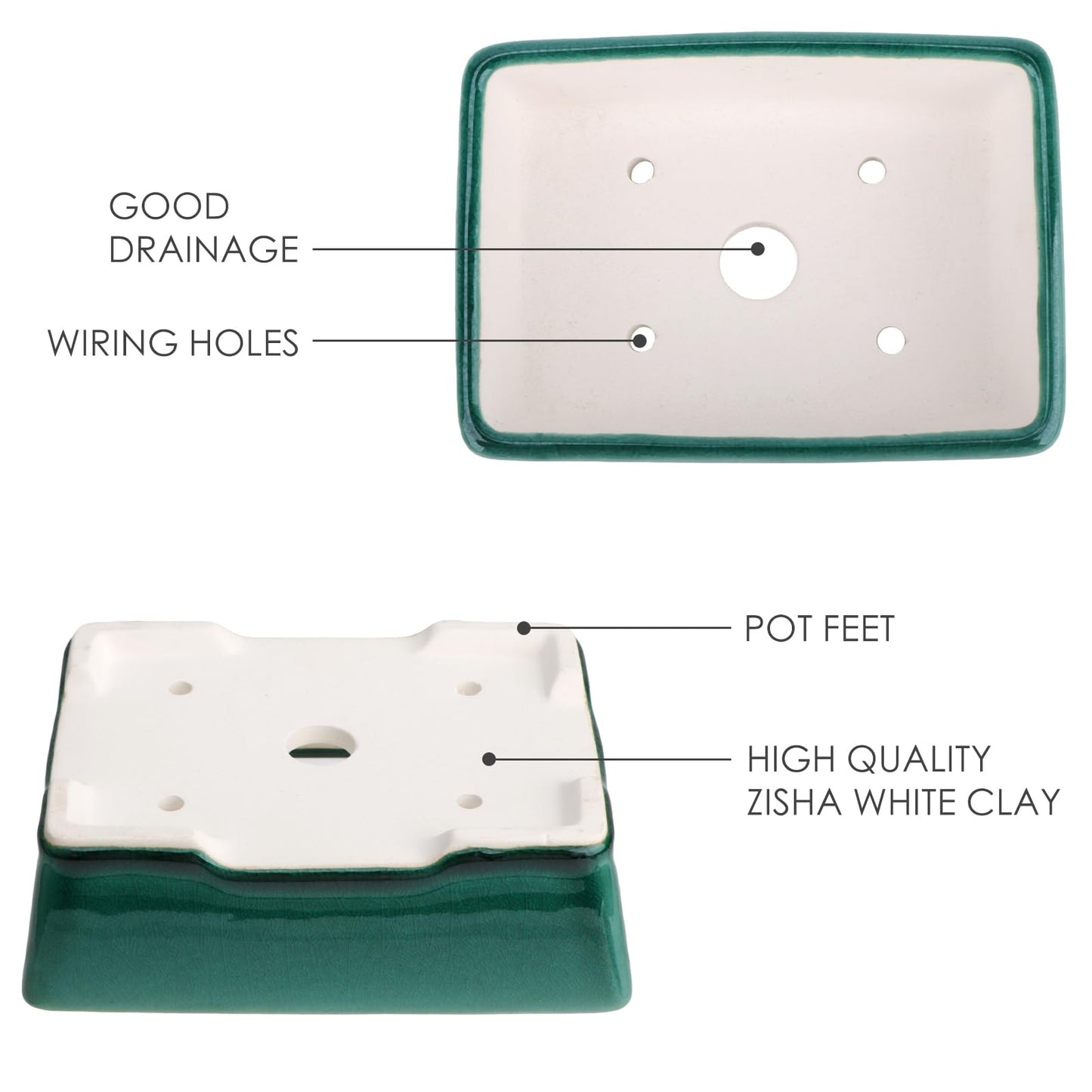 Set of 2 Zisha White Clay Bonsai Pot Glazed Shallow Succulent Planter Green