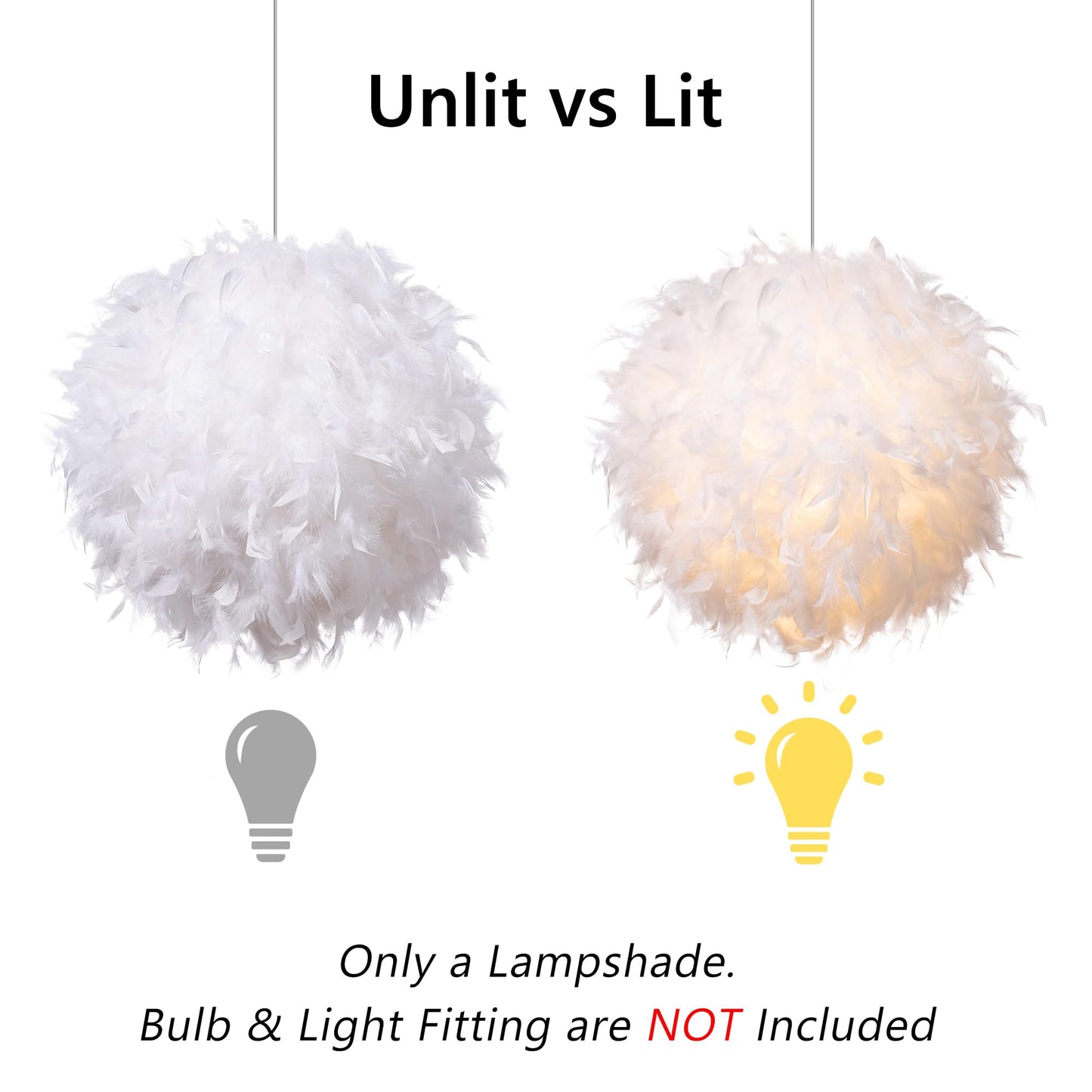 Waneway 40cm White Feather Ceiling Pendant Light Shade, Non-Electrical Lampshade for Floor Lamp and Table Lamp with Shade Reducing Ring for Living Room, Dining Room and Bedroom, ID 30cm, OD 40cm