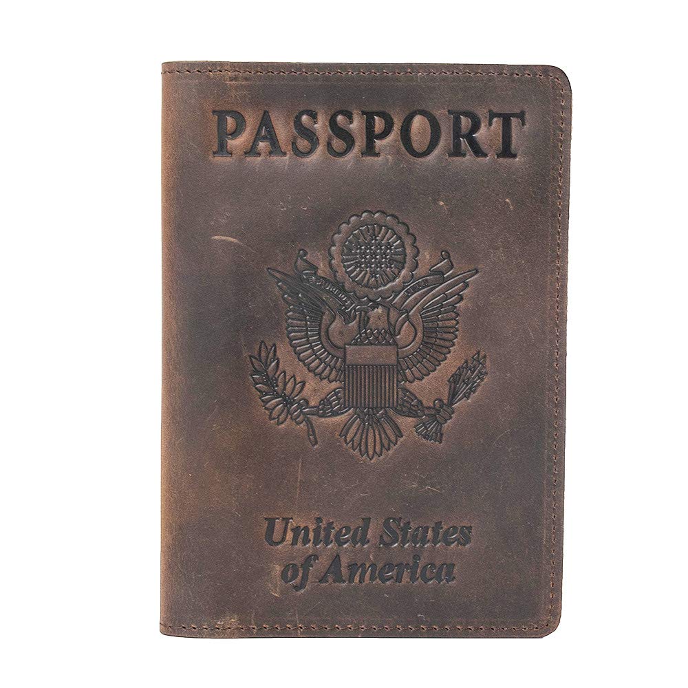 RFID Blocking Passport Holder Travel Wallet - Genuine Crazy Horse Leather for Men(Coffee)