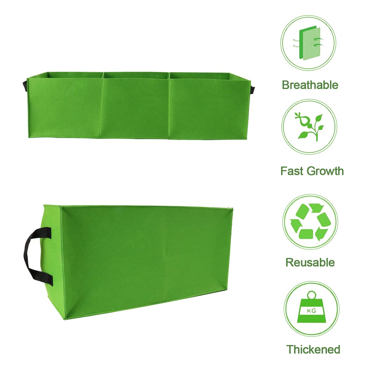Auroal 15 Gallon Grow Bags 2 Pack, 3 Compartments Rectangle Raised Planting Bags, 400g Heavy Duty Nonwoven Fabric Planter Pots for Vegetable Tomato Herb Flower Indoor Outdoor Gardening (Green)