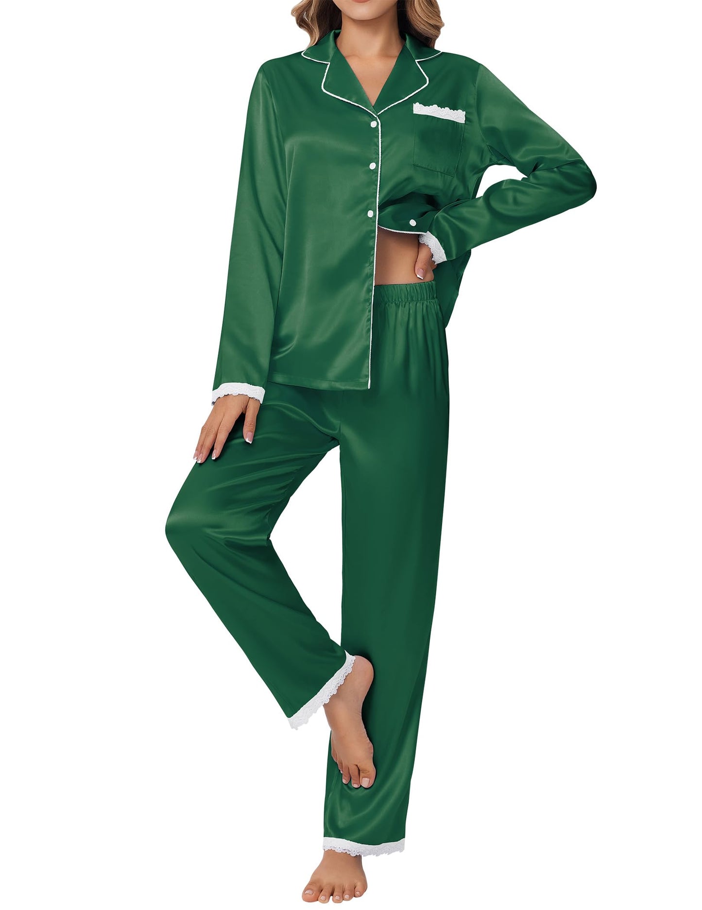 Ekouaer Satin Pajamas for Women Silk Long Sleeve Sleepwear Button Down Loungewear 2 Pieces Lace Soft Pjs Set