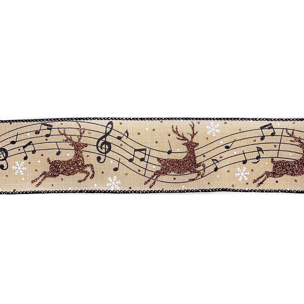 Designer's Shop Christmas Musical Glitter Reindeer Burlap Ribbon