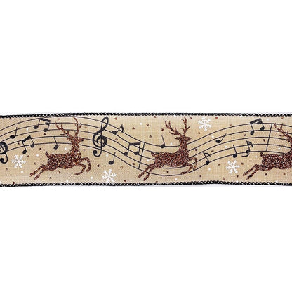 Designer's Shop Christmas Musical Glitter Reindeer Burlap Ribbon