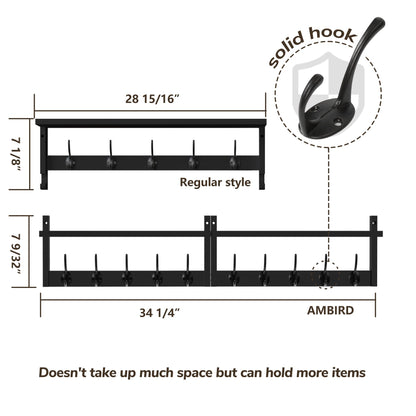 AMBIRD 34.2" Extra Long Wooden Wall Hook Rack with Shelf - Versatile and Decorative Wall-Mounted Storage with 10 Hooks for Coats, Hats, Keys - Ideal for Entryways, Bedrooms, Closets (Stylish Black)