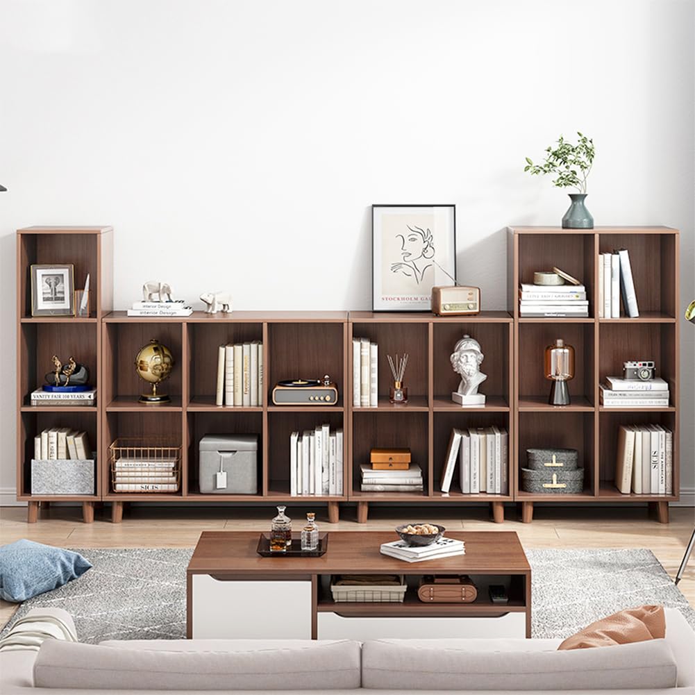 IOTXY Open Cube Low Bookcase - 3-Tier Freestanding Storage Display Cabinet Organizer with Legs for Home Office, 8-Cubes Open Shelf Short Bookshelf, Walnut