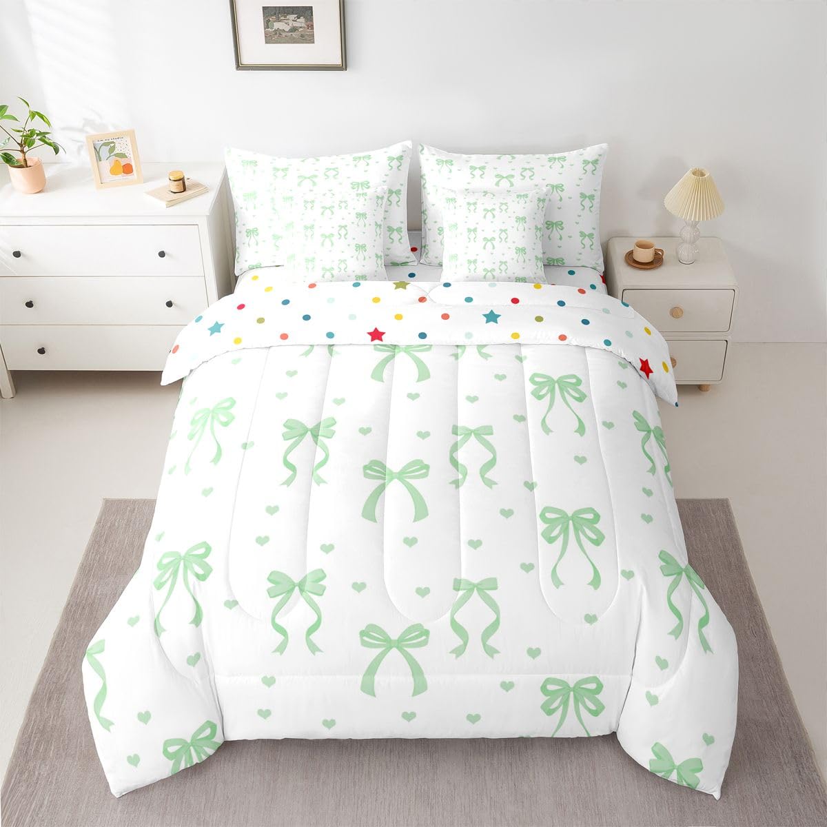 Erosebridal Coquette Bowknot Full Comforter Set Bow Tie 7 Pieces Bedding Bow Decor Bed Set with Sheets Preppy Princess Bed in A Bag Bedroom Decor