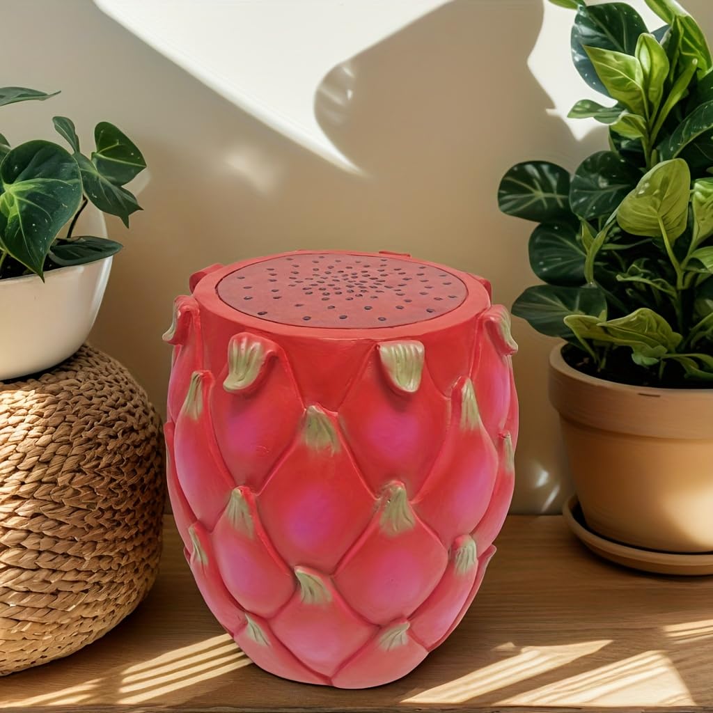 Foinfun 13.4" Dragon Fruit Resin Garden Stool, Tropical Decorative Side Table, Multi-Purpose Plant Stand Accent Furniture for Patio, Balcony, Living Room, Indoor & Outdoor Decor