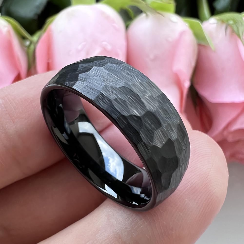 TUTISS 8mm Black Hammered Tungsten Carbide Rings for Men Women Engagement Wedding Bands Domed I Love You Engraved Comfort Fit Size 7