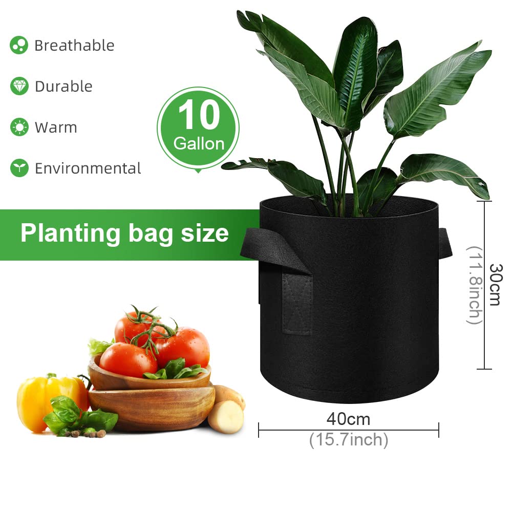 FineGearPow 5 Pack 10 Gallon Grow Bags, Heavy Duty Thickened Nonwoven Fabric Pots with Handles, Planter Grow Bags for Vegetables/Flower/Plant/Fruits, Black