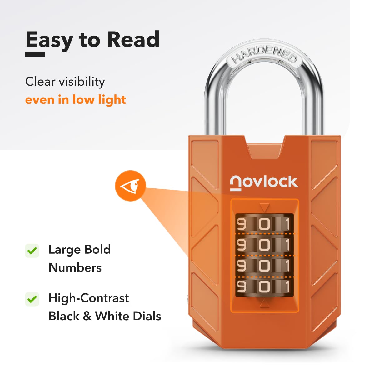 NOVLOCK Combination Lock for Locker, 4-Digit Padlock with Code for Gym, School, Home & Work, 1-Pack, Orange