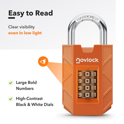 NOVLOCK Combination Lock for Locker, 4-Digit Padlock with Code for Gym, School, Home & Work, 1-Pack, Orange