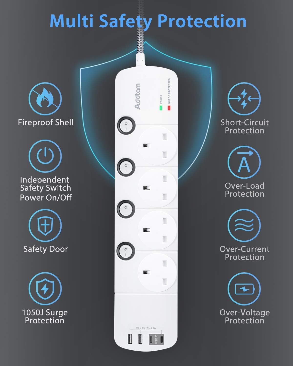 1.8M Extension Lead, 4 Way Socket Outlets Power Strips with 4 USB (2 Type C & 2 USB A), 1050J Surge Protection Multi Plug Extension with Braided Extension Cable for Home, Office, Individually Switched