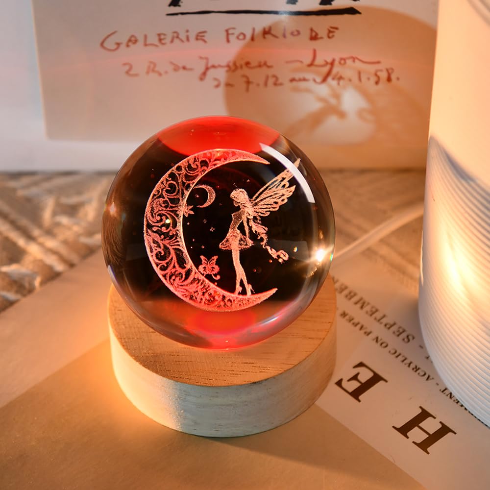 ZRENJHUS Moon Fairy Crystal Ball Decorative Ball 60mm Fairy Glass Sphere Decor 3D Dreamy Engraving Gifts for Girls Women Fairy Lovers Wedding Gift with Light Base