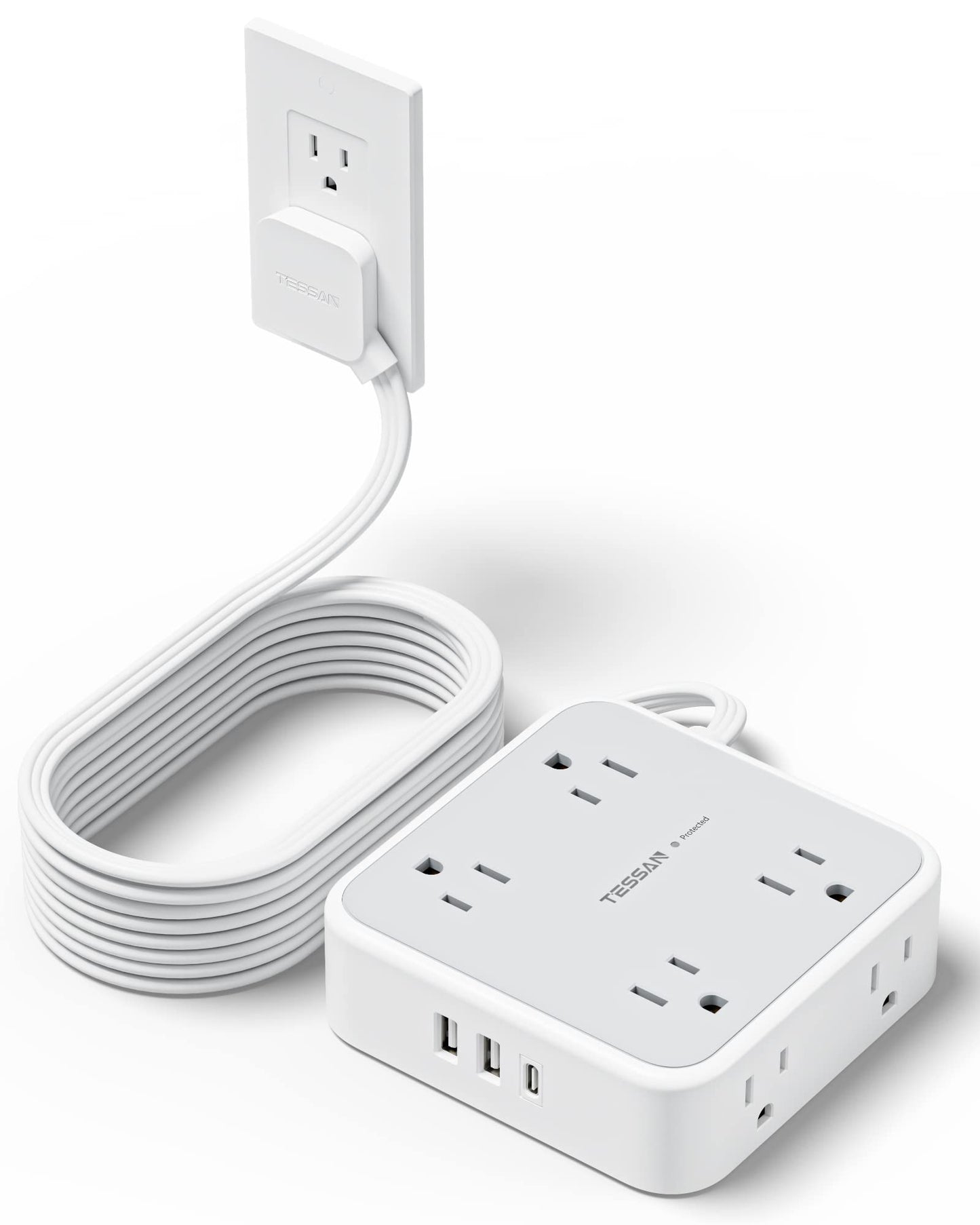 TESSAN Surge Protector Power Strip, 5 Ft Flat Plug Extension Cord with 3 USB (1 USB C) 8 Outlets, 900J Surge Protection, 3 Sided Outlet Extender with Power Switch for Office, Dorm Room Essentials