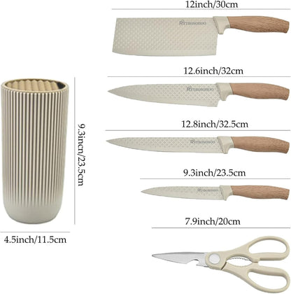 Kitchen Knife Set, Retrosohoo 6-Pieces Khaki Sharp Knife Set for Kitchen, Non-stick Non-slip Stainless Steel Chef Knife Set with Universal Knife Block Suitable for Home Restaurant (Khaki)