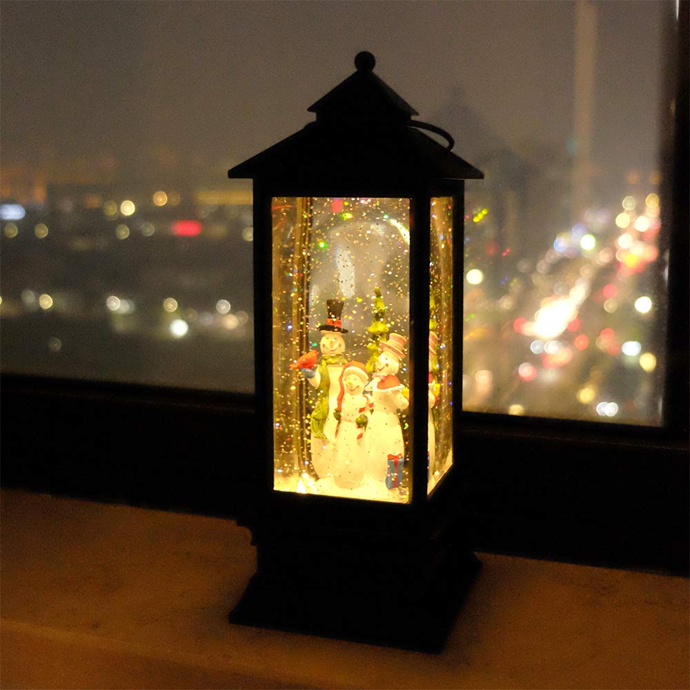 Wondise Lighted Musical Snow Globe Lantern with 6 Hour Timer, 12 Inches USB Powered & Battery Operated Spinning Water and Swirling Glitter Christmas Snow Globe Lantern Gifts(Snowman Family)