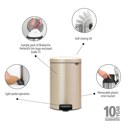 Brabantia Step-On Trash Can | Metallic Gold | 5.3 Gallon / 20L | Bathroom, Bedroom, Office Trash Can with Light Pedal Opening, Handle & Removable Inner Bucket | 11.4 x 15 x 18.4 | + Trash Bags