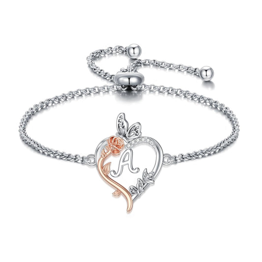 TOUPOP Rose Heart Bracelet for Women Sterling Silver Heart Initial A Letter Bracelet Butterfly Love Jewelry Anniversary Birthday Mothers Day Gifts for Mom Wife Her Girlfriend