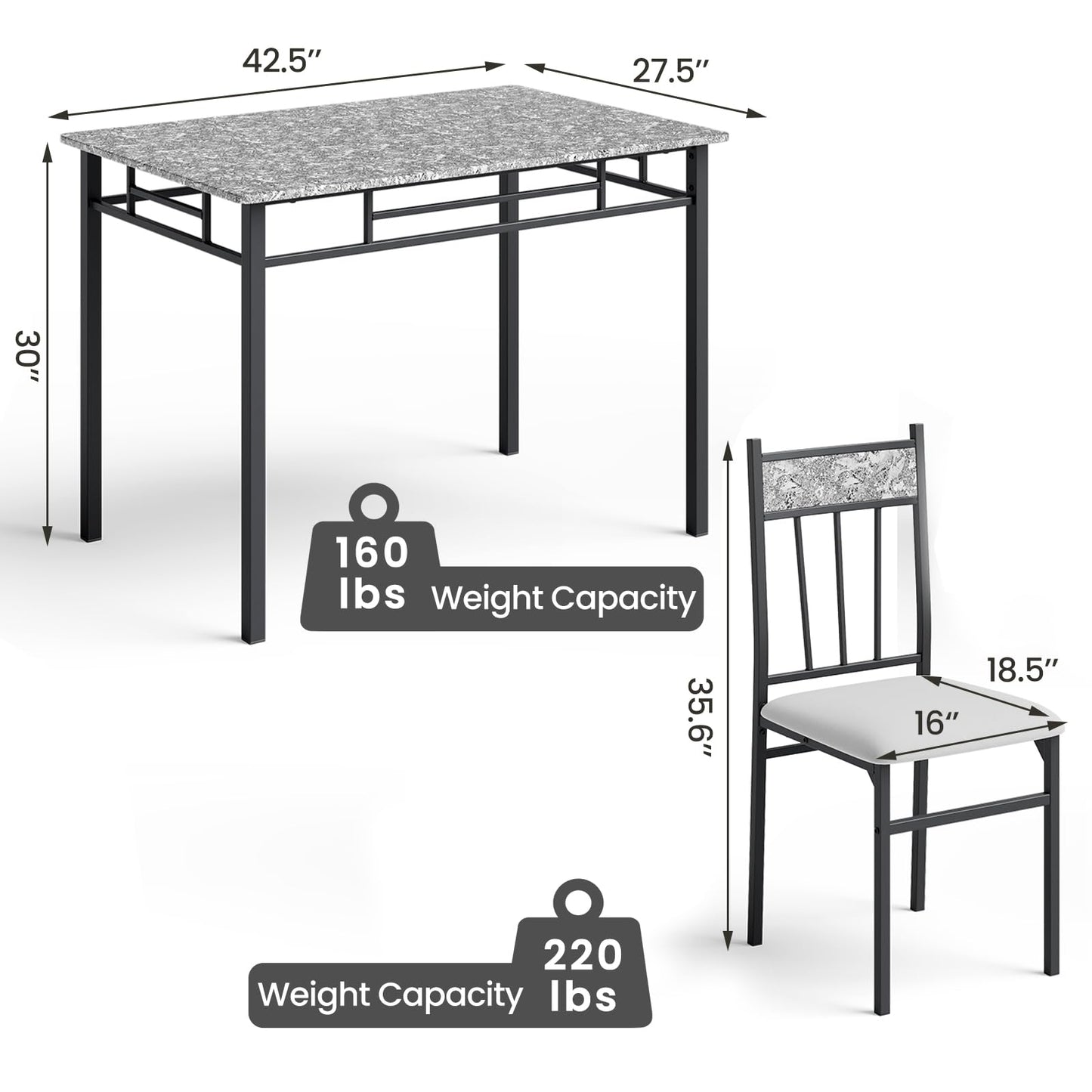 NAFORT 5 Piece Dining Table Set for 4, Faux Marble Kitchen Table and Chairs Set of 4, Vintage Rectangular Dining Room Table with Cushion Padded Seat, Metal and Wood Dining Set Kitchen Furniture, Grey