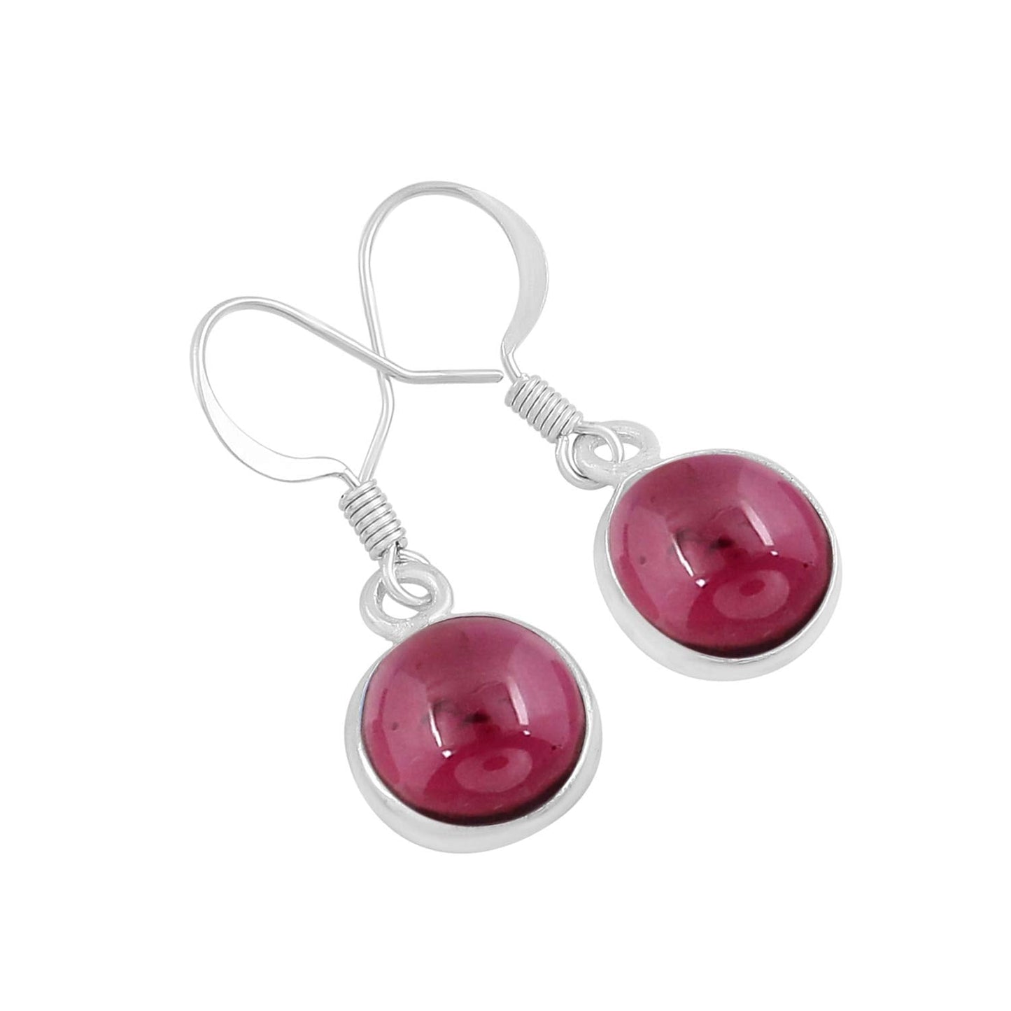 Natural Garnet 925 Silver Plated Dangle Earrings for Women - Round Shape Red Color Gemstone January Birthstone Handmade Jewelry Earrings - Anniversary Wedding Gift for Her