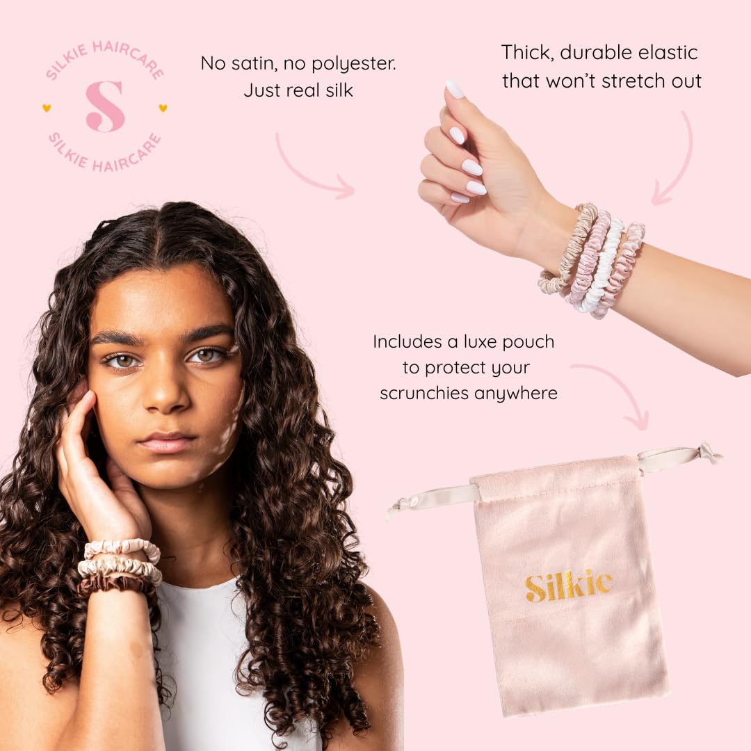 SILKIE x4 Set 100% Pure Mulberry Silk Black Brown Skinny Scrunchies Travel Pouch Everyday Hair Ties Elastics Hair Care Ponytail Holder No Damage