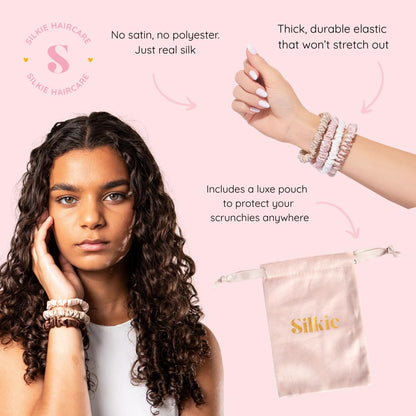 SILKIE x4 Set 100% Pure Mulberry Silk Black Brown Skinny Scrunchies Travel Pouch Everyday Hair Ties Elastics Hair Care Ponytail Holder No Damage