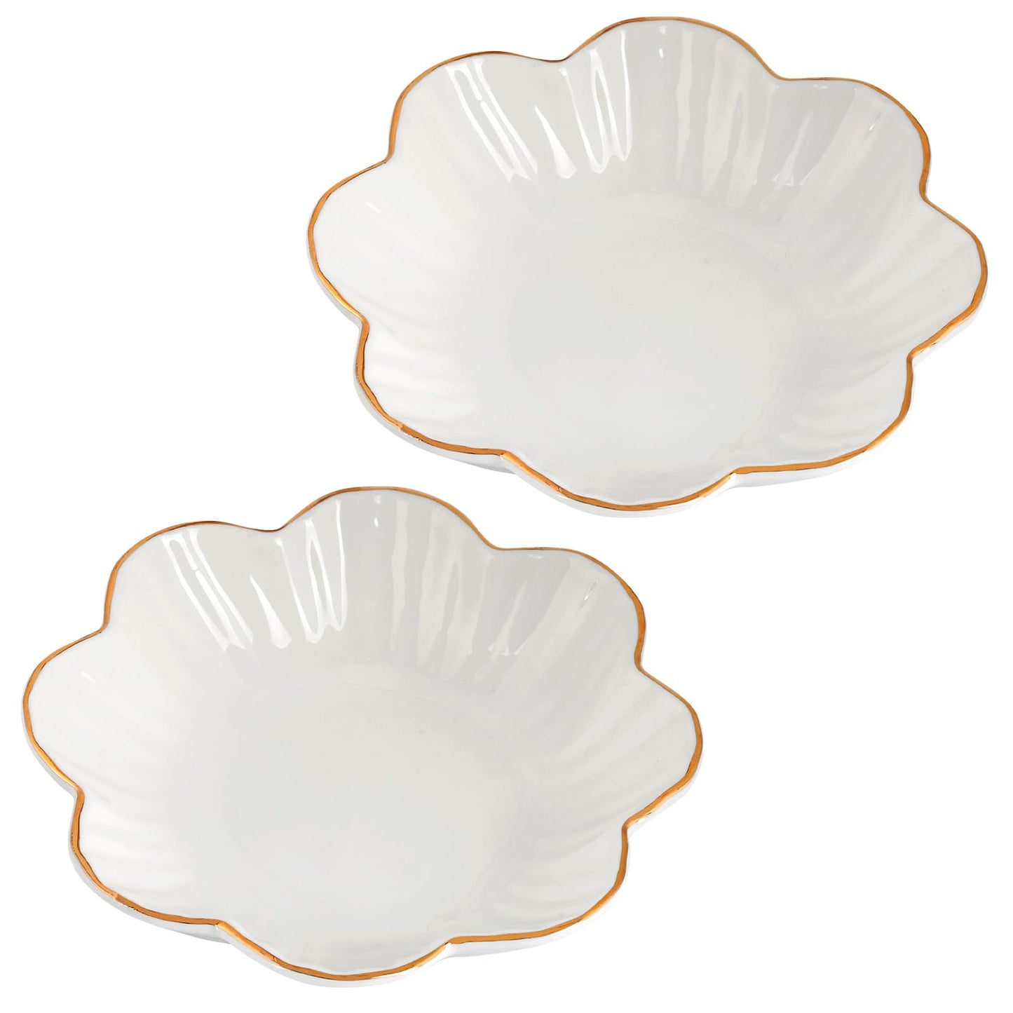 VanEnjoy 2 Pcs 6 Inch Ceramic Candy Dish - White Decorative Bowl With Golden Flower Rim for Office, Wedding, Party, Home - Porcelain Serving Bowl for Snacks, Fruit