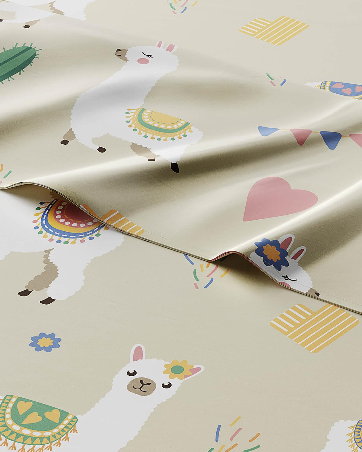 Kids Queen Size Bed Sheet Set - 4 Piece Kids Loft Bed Sheets - Llama Alpaca Cactus Themed Bedding - Soft, Cute - Breathable and Machine Washable - Cute Animal Bed Set for Boys, Girls, Teens & Toddlers