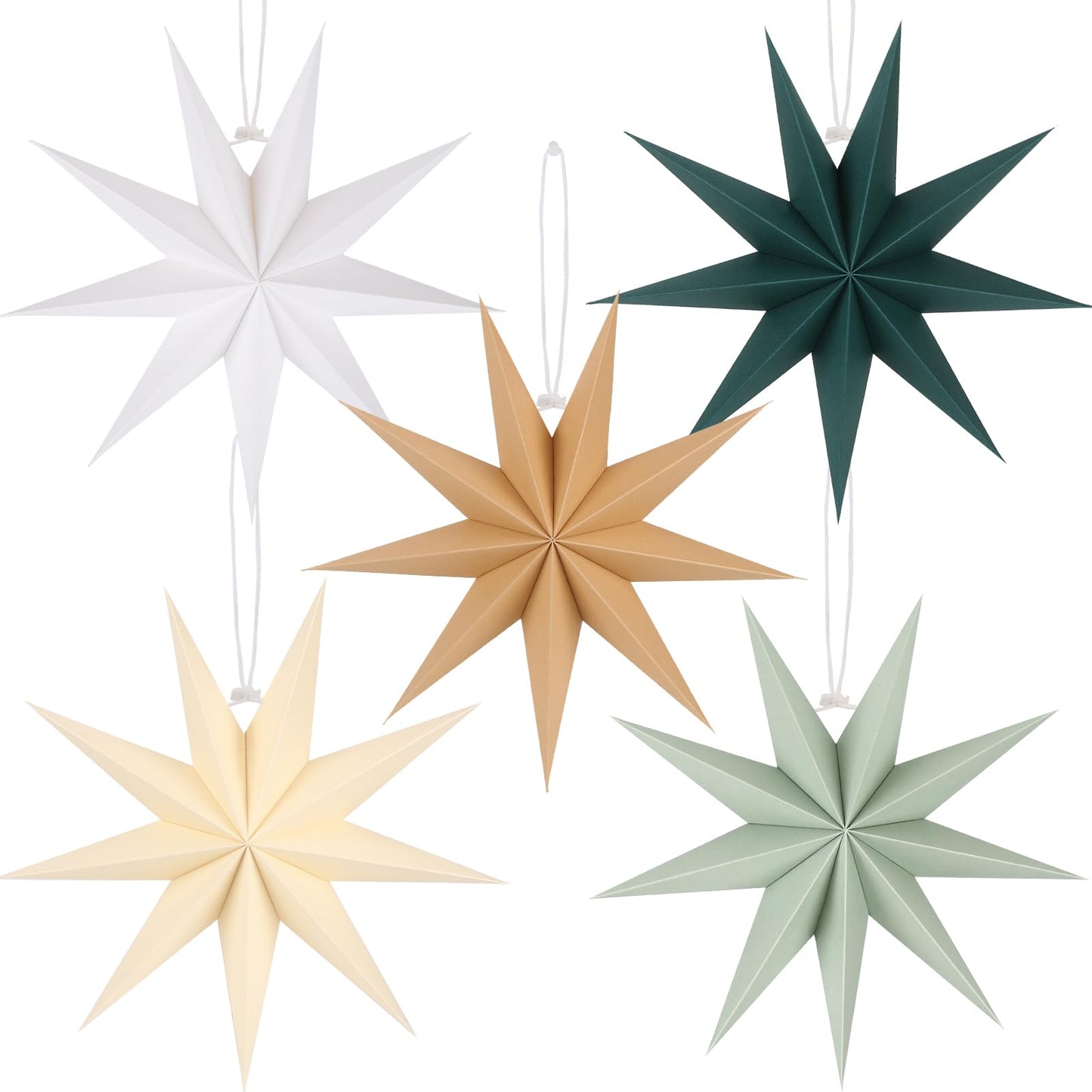 BestoFun 5 PCS 12 Inch Sage Green Paper Star Lanterns - Hanging Stars Christmas Party Decorations
