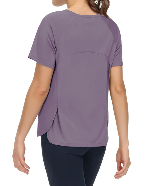 THE GYM PEOPLE Women's Short Sleeve Workout Shirts Breathable Yoga T-Shirts with Side Slits Athletic Tee Tops Grey Purple