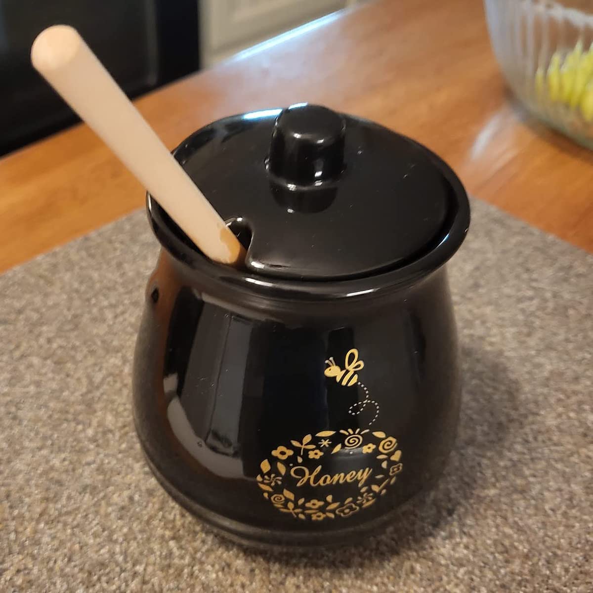 Kosmeey Ceramic Honey Jar With Wooden Honey Dipper - Honey Pot With Dipper - Black Honey Dispenser with Stand, Great Bee Decor- Farmhouse Kitchen Decoration