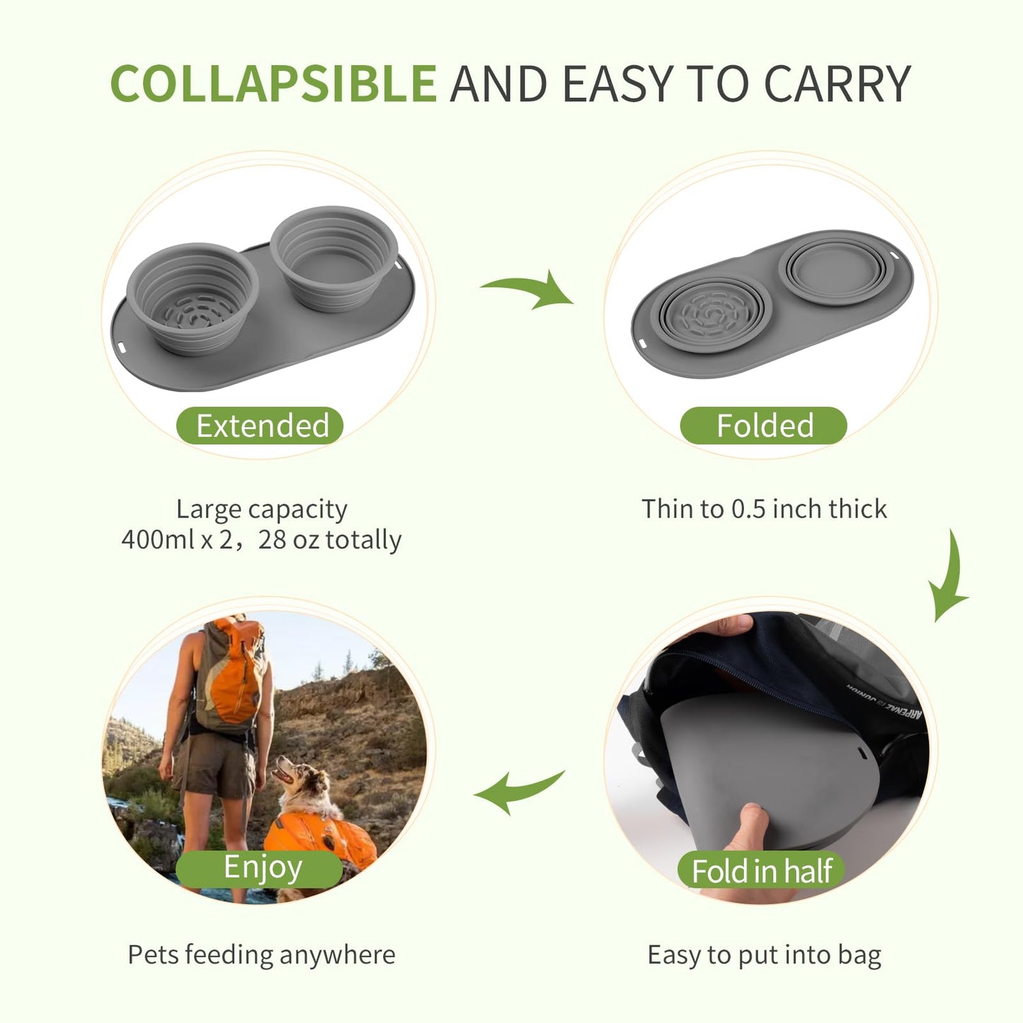 Puppy Dog Bowl,Travel Bowls Dog Food Bowls&Dog Water Bowls,No Spills,Collapsible Double Bowl,Suitable for Small and Medium Sized Dogs(Dark Grey)