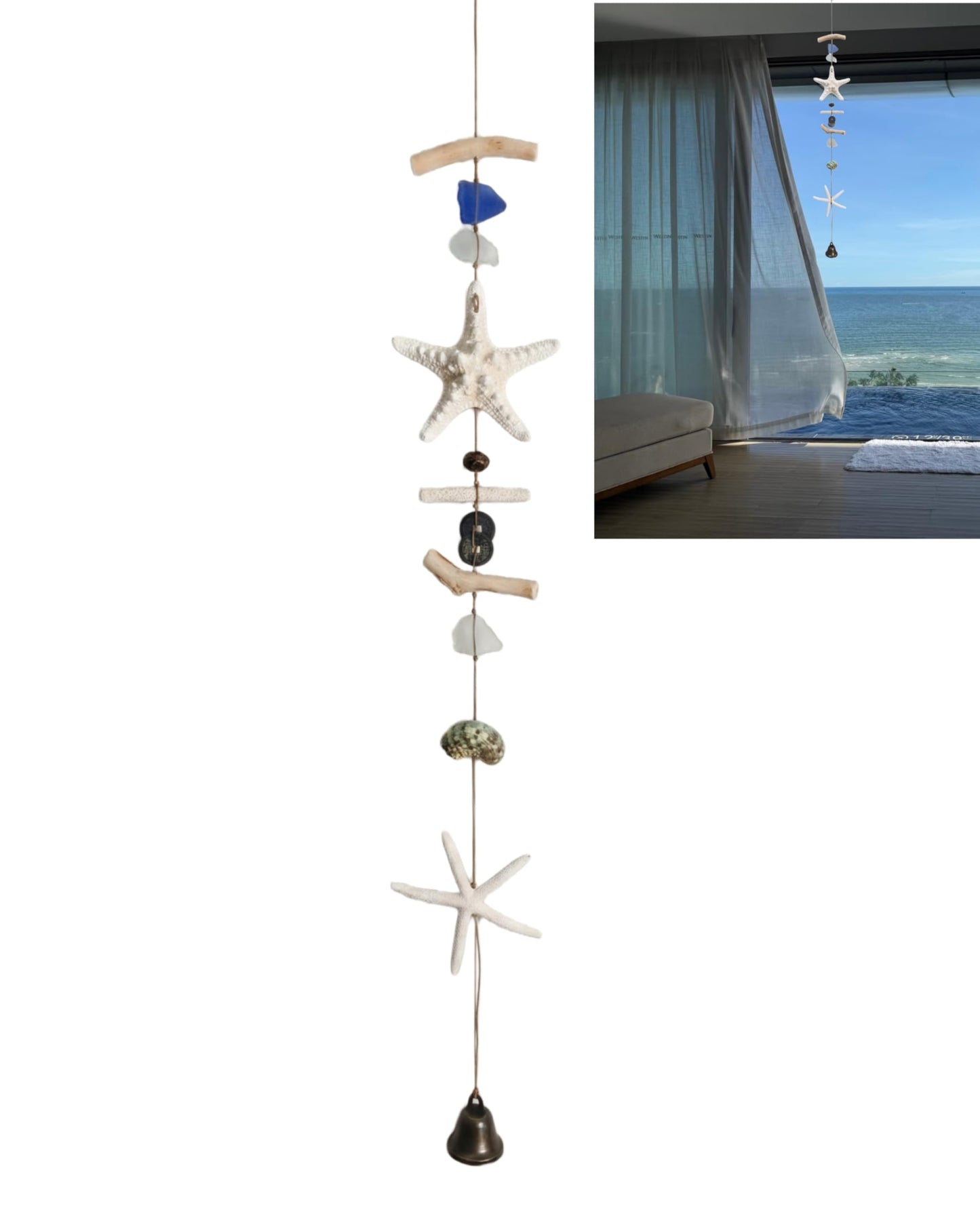 Driftwood Sea Star Wind Chime Beach Seashell Hanging Wall Decor, Coastal Nautical Window Hanging Ornament with Sea Glass & Metal Bell, Boho Ocean Themed Mobile for Home Bedroom Window Porch