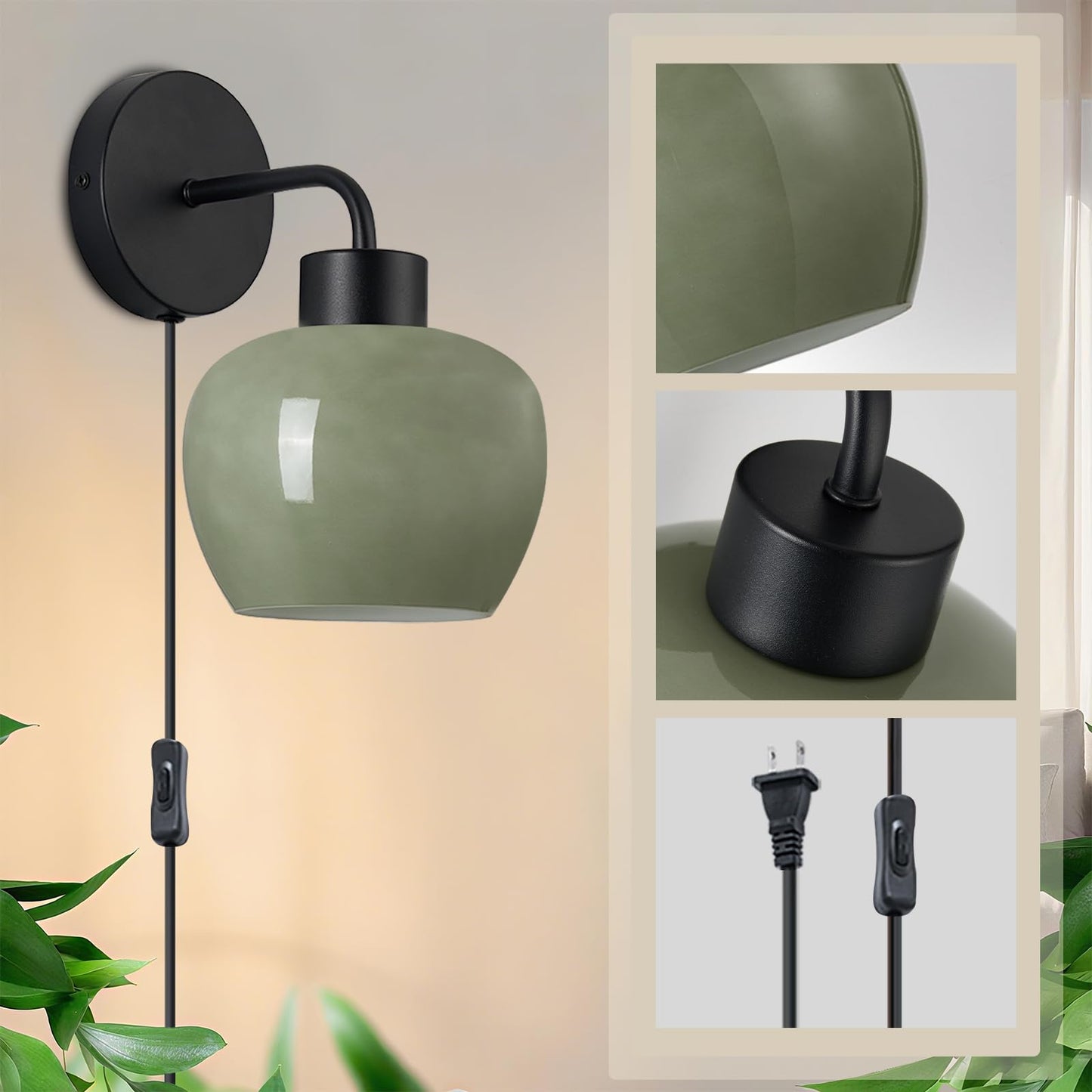 Nitimuto Modern Wall Sconces - Olive Green Milk Glass Plug-in Wall Lamp with Matte Black Finish, Industrial Boho Lighting for Bedroom, Living Room