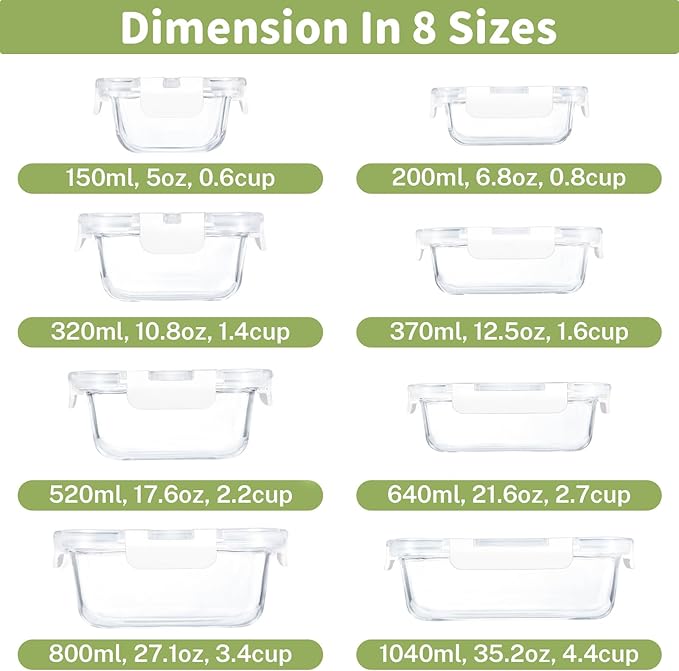 HOMBERKING 8 Pack Glass Food Storage Containers