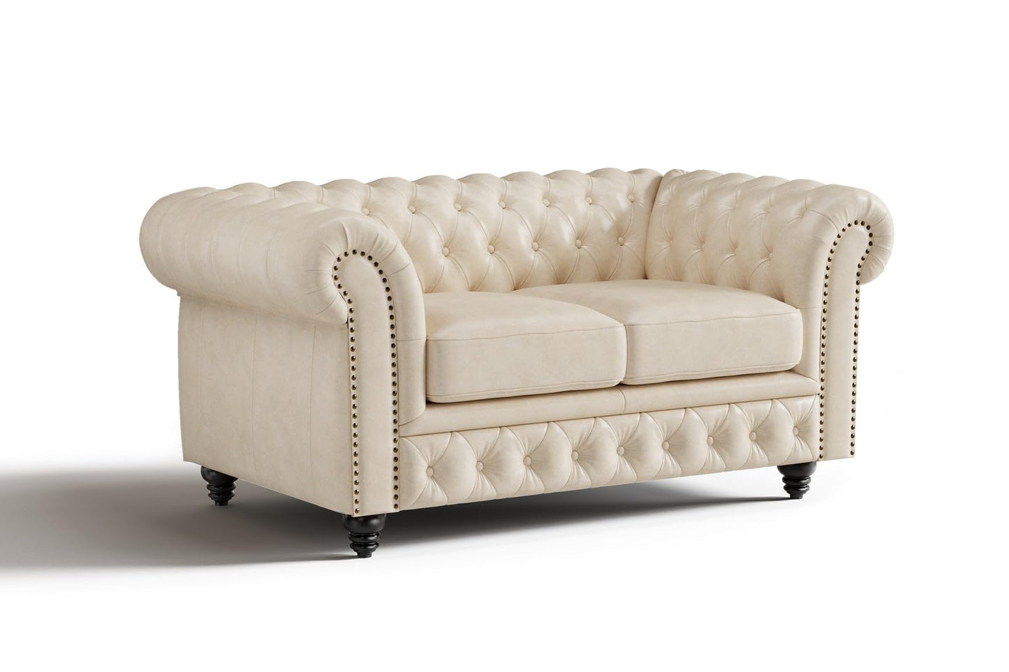 Valencia Parma Chesterfield Loveseat 64" | Premium Full-Aniline Leather | Mid-Century Accent Chair with Classic Button Tufted Back and Wood Legs for Living Room, Antique White