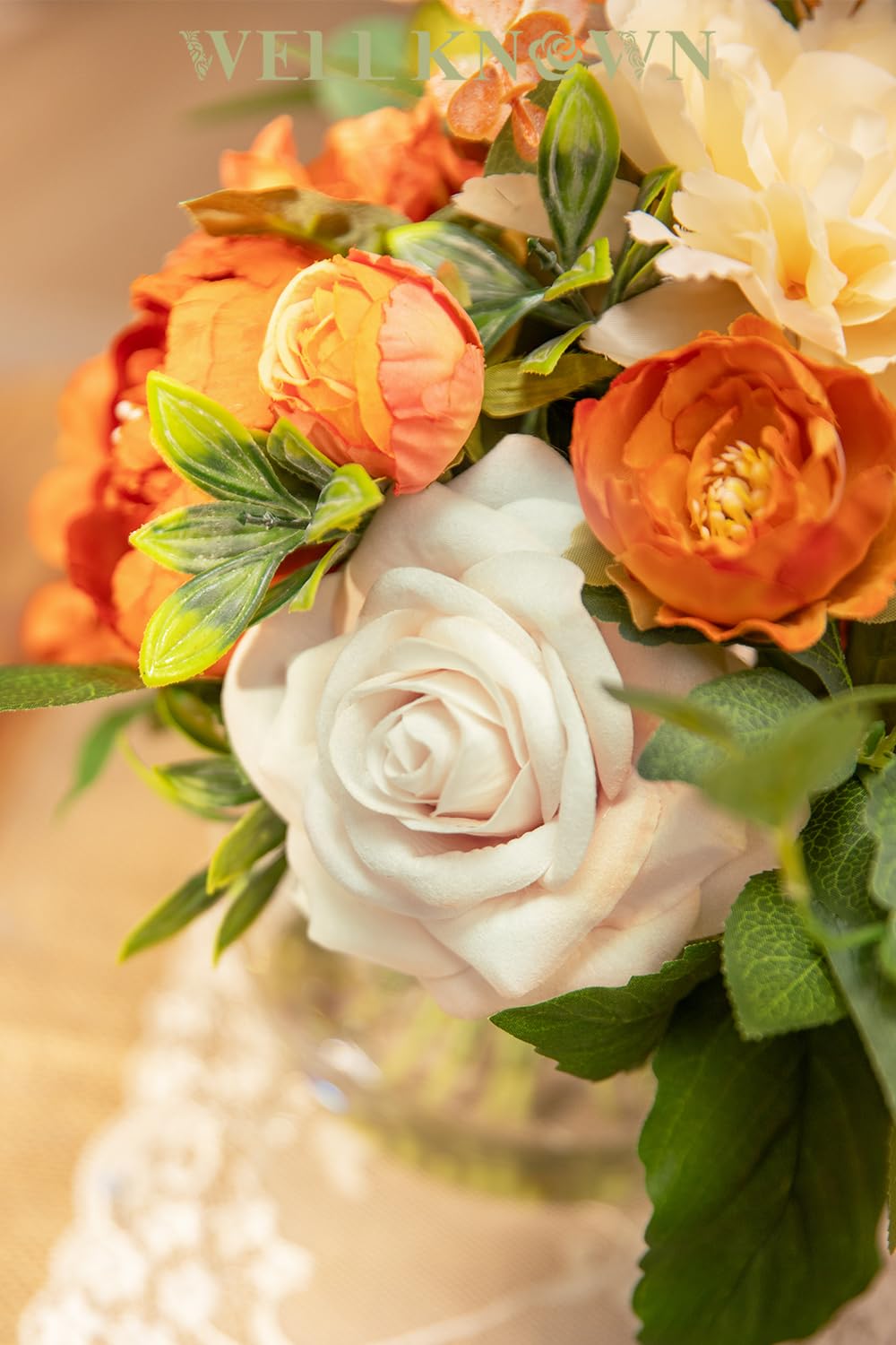 Artificial Flowers in Vase, WELL KNOWN Silk Rose Peony Flower Bouquet Table Centerpieces with Faux Water for Fall Home, Fake Flower Arrangement for Seasonal Party Decor (Burnt Orange & Champagne Plus)