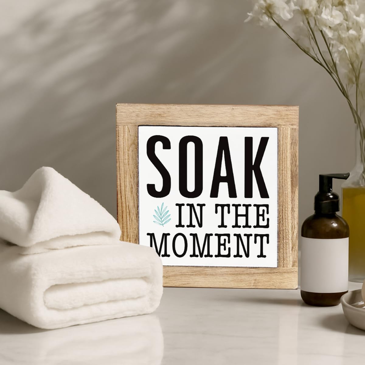 Bath Decoration, Soak in the Moment Sign, Relaxing Bathroom Decor, Decorative Wooden Block Plaque Sign, Farmhouse Home Decors, Desk Decor Art, Housewarming Gift, 5.9X5.9X0.7inches