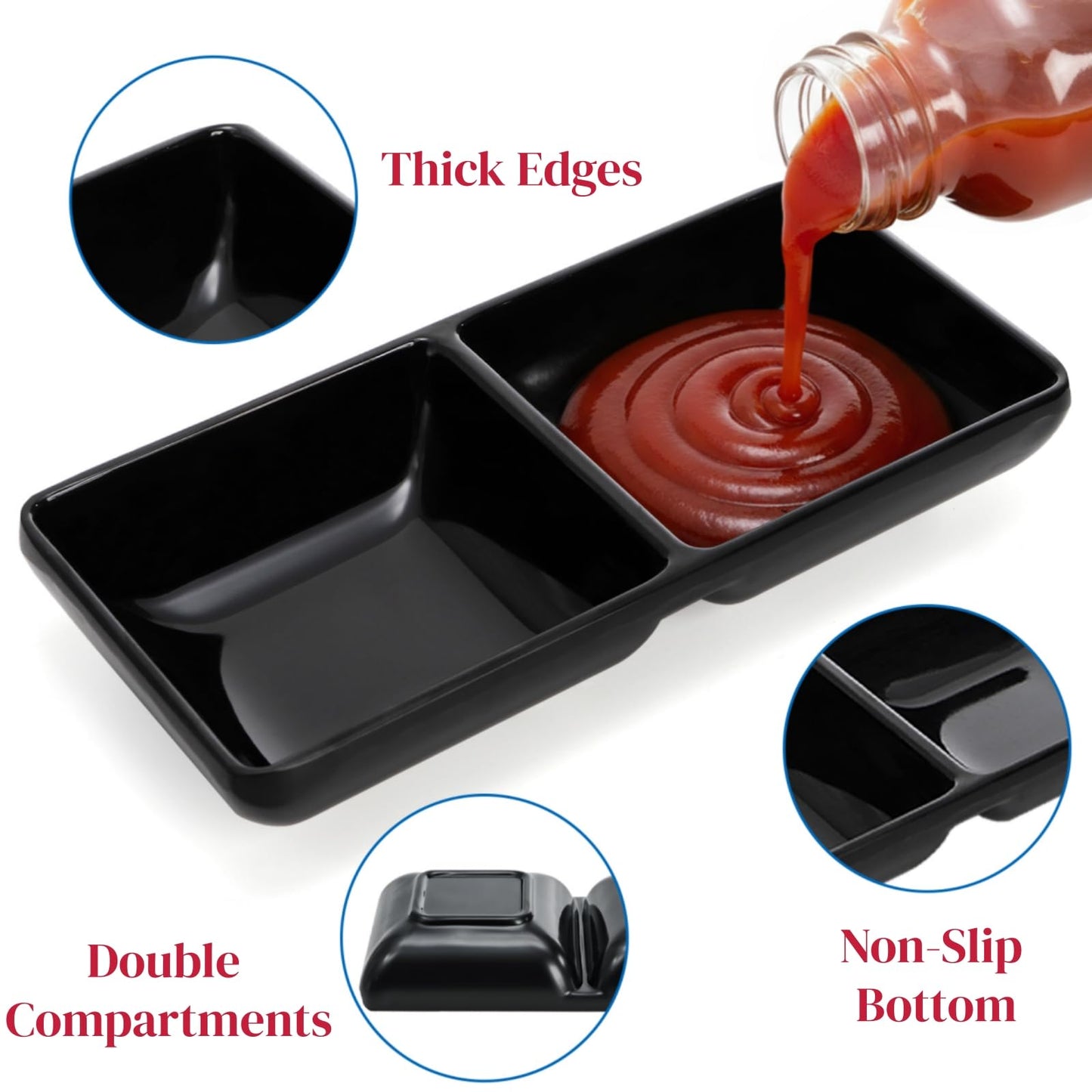 Jowgut 12 Pieces Dual Dipping Sauce Bowls, Melamine Soy Sauce Dish with 2 Compartments, Divided Fondue Plate Appetizer Plate for Restaurant Kitchen Parties Condiments Sauce Ketchup Dishwasher Safe