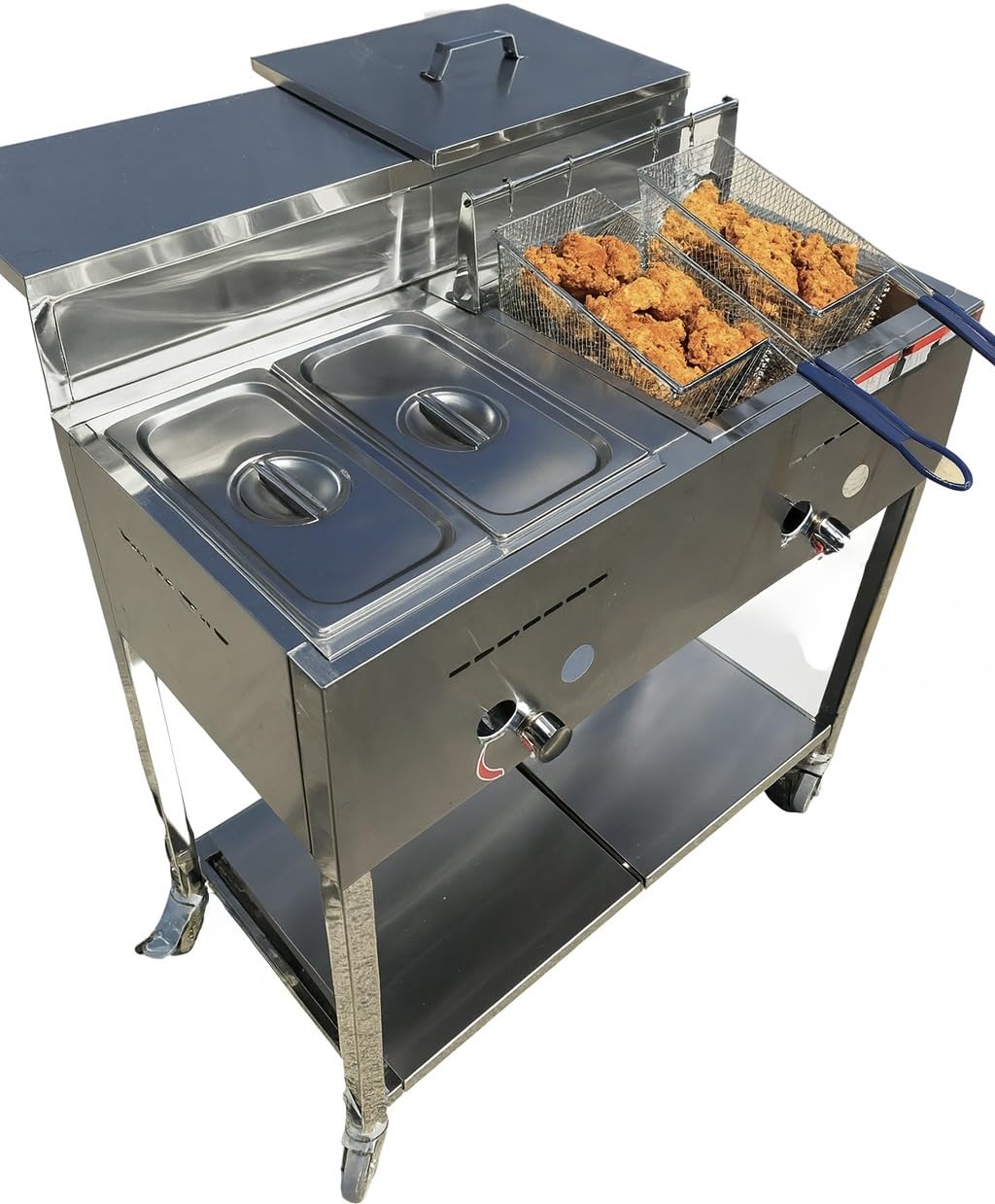 Deep Fryer Cart | 2 Fry Baskets | 3 Gallon Single Tank | 2 Pan Steam Table | Portable 4 Wheel | Stainless Steel | Outdoor Propane Frying Cart for Chicken, Fish, & More | Commercial & Home