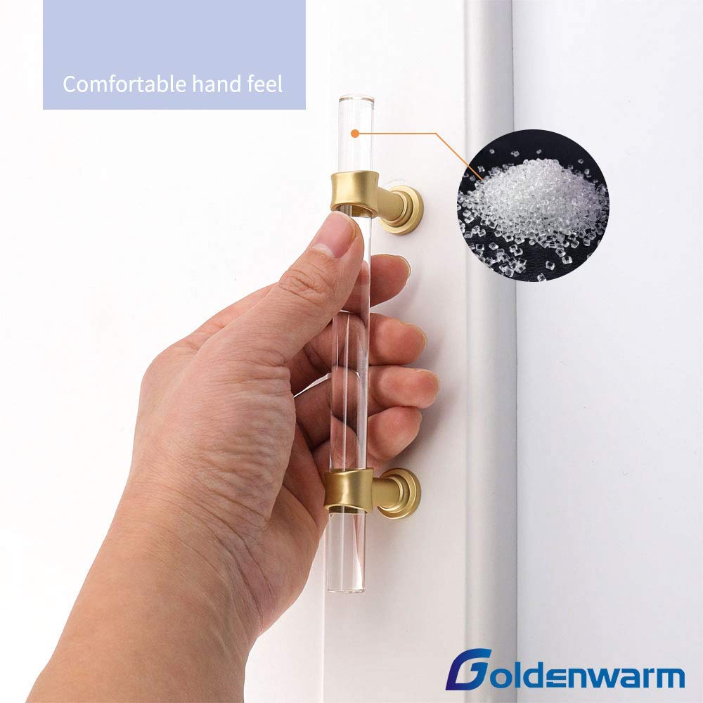 Goldenwarm 25 Pack 5 Inch Kitchen Cabinet Handles Gold Drawer Pulls Crystal Acrylic with Brushed Brass Handles for Cabinets Dresser Cupboard Wardrobe