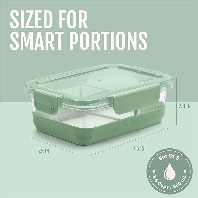 Ello Duraglass Refresh 3.4 Cup Divided Meal Prep Set 10Pc, 5 Pack, 2