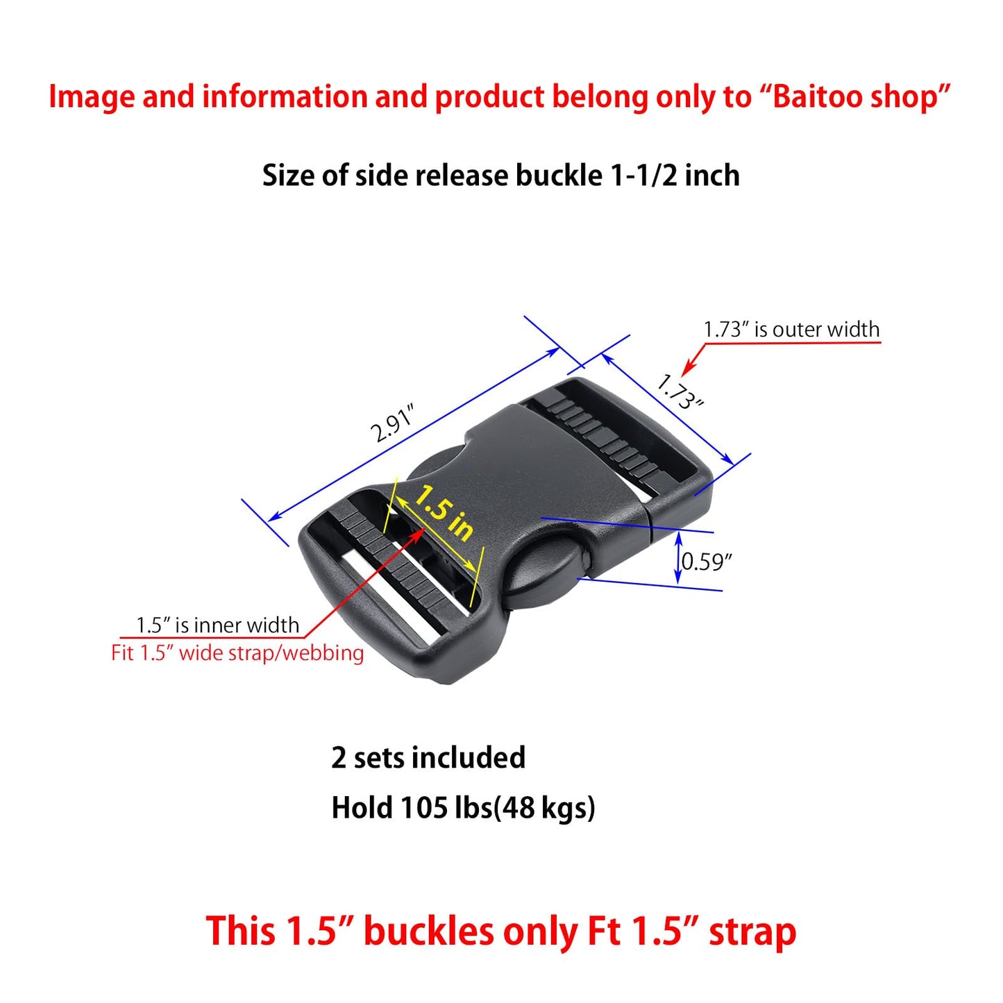 Baitoo Quick Side Release Buckles 1 1/2 inch Heavy Duty Plastic Buckle Clips 1.5" Belt Snap Buckle Clasp Backpack Buckle Replacement for Strap 1.5 inch (1.5inch(38mm)-2 Sets)