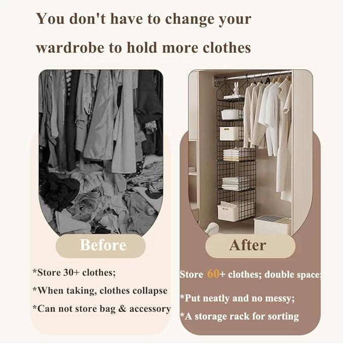 Hanging Closet Organizer, Carbon Steel 5-Shelf Hanging Storage, Collapsible