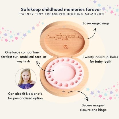 Little Shroomie Baby Tooth Keepsake Box – Wooden Beechwood Tooth Fairy Holder & Memory Capsule for First Tooth, Curl & Umbilical Cord – Unisex Boys & Girls Shower Gift Registry Must-Have (Pink)